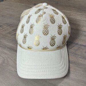 White Mesh Trucker Hat With Gold Pineapple Print By Salt Life